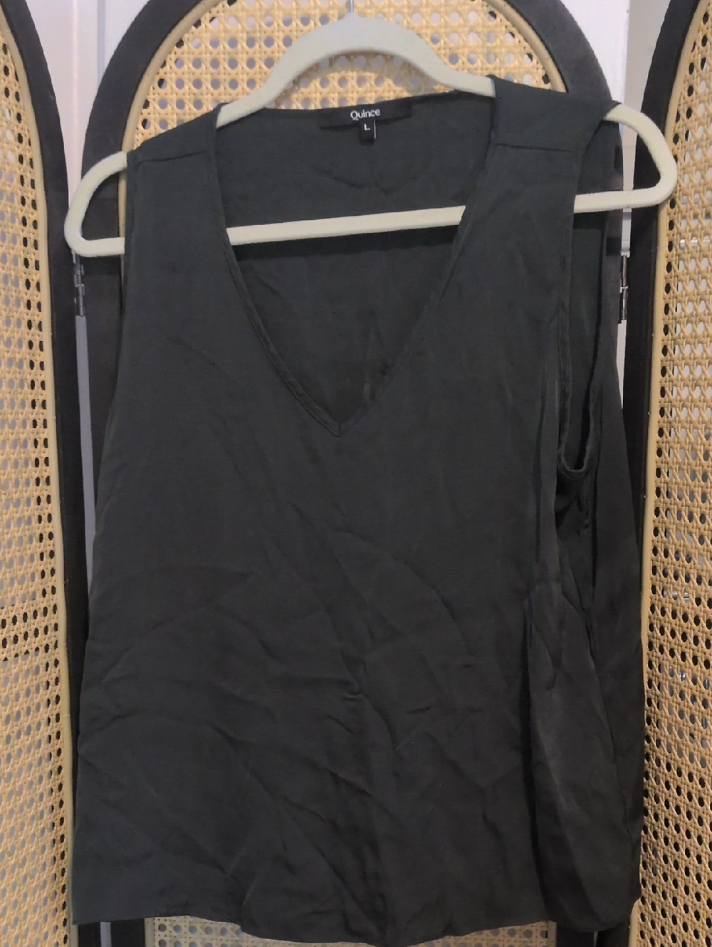 Quince Green Silk V-Neck Sleeveless Tank